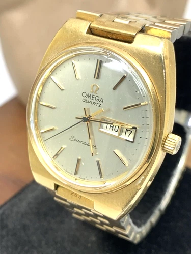 Omega Seamaster Men's Watch 1345 Vintage Swiss Quartz Day Date Gold Steel 34mm