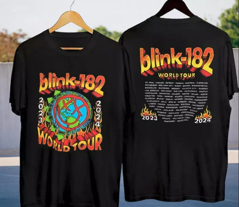 Blink 182 Shirt World Tour 2023 2024 Flames Graphic Band Cotton T-Shirt