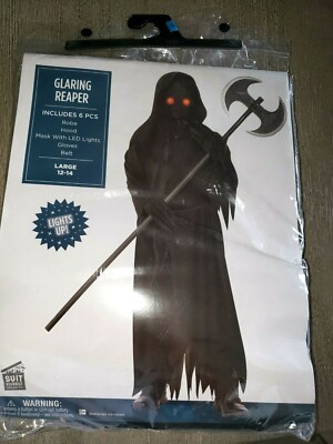 boys NEW GLARING REAPER HALLOWEEN COSTUME LIGHTS UP 6 PCS! LARGE 12/14 ROBE HOOD