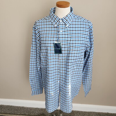 Charleston Threads Mens L Long Sleeve Button Front Blue black white Shirt Plaid
