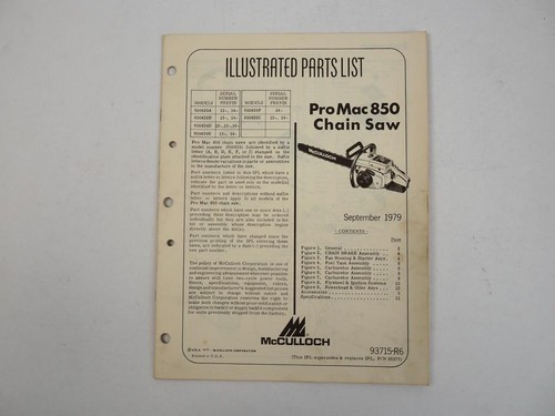 McCulloch ProMac850 Chain Saw Motorsäge Ersatzteilliste Parts List 1979
