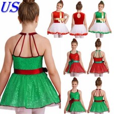Kids Girls Sequins Cutout Back Ballet Dance Leotard Gymnastic Christmas Dress