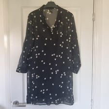 MANGO MONOCHROME BLACK WHITE SHEER STAR PRINT BUTTON COLLAR TUNIC SHIFT DRESS S