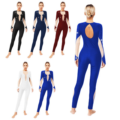 DE Damen Glitzernder Jumpsuit Mesh Eiskunstlauf Tanz Performance Kostüm Overall 