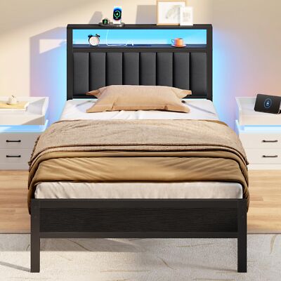 Furnulem Twin Size Bed Frame with Charging Station and LED Lights, Platform B...