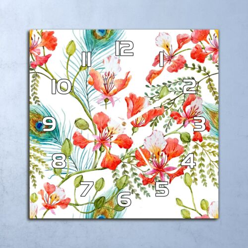 Deko Glasuhr Wanduhr 30x30 Pfauenfedern Blumen Quarz Küchenuhr Bürouhr - Bild 1 von 6