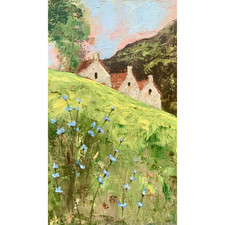 QUADRO OLIO ORIGINALE arte fattoria 12x20" accogliente cottage scena arte dipinto prato