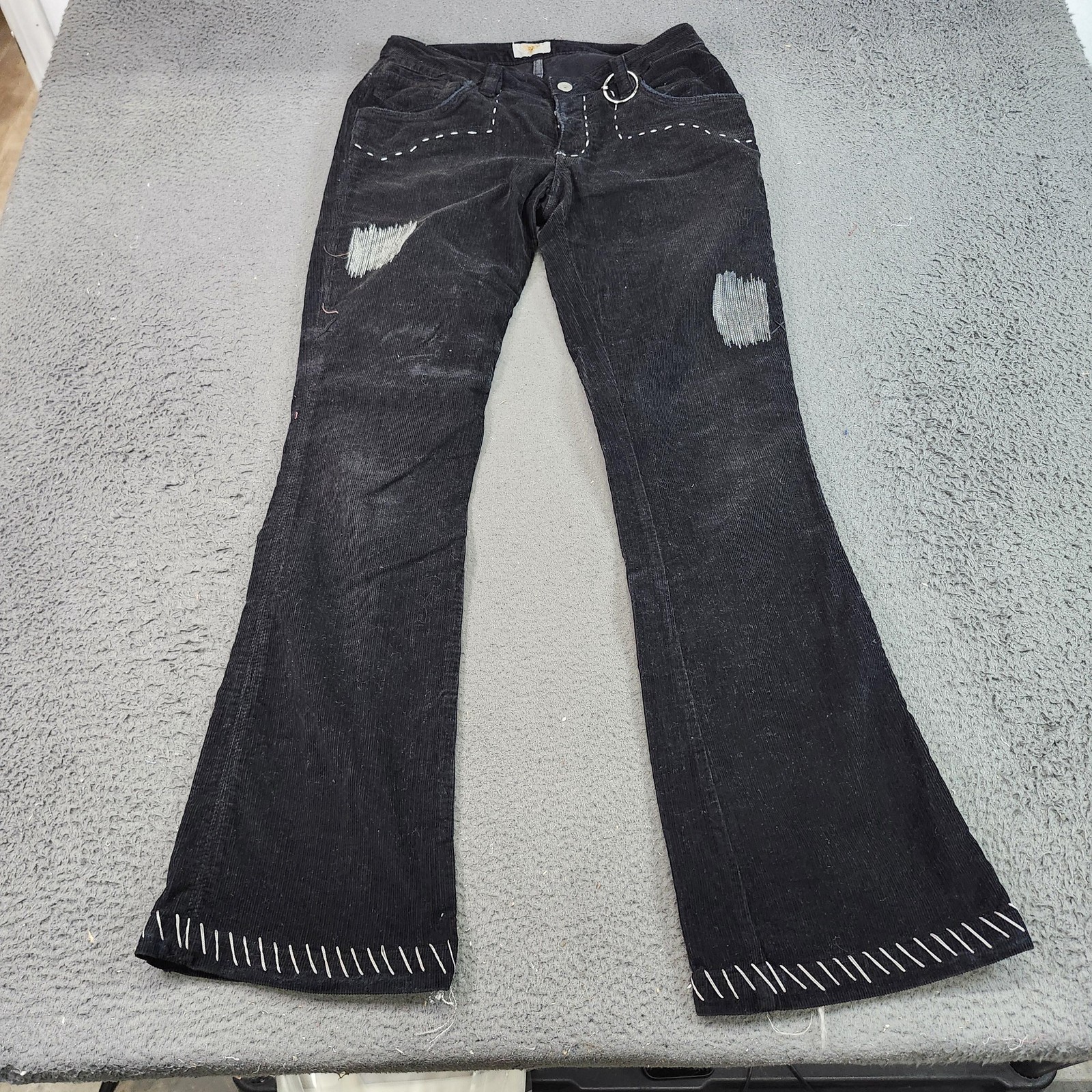 Corduroy Pants Womens 29 Black Bootcut Distressed Embroidered Pockets Goth