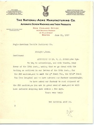 1917 National-Acme Mfg. Co. letterhead for screw machines