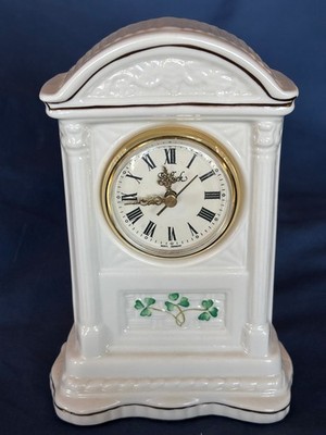Vtg Irish Belleek Cream Color Glenveigh Shamrock Mantel Shelf Clock 7.75'' Tall
