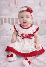 Handmade Baby Girl Crochet Outfit 0-3M Dress Shoes Headband 3Pc Set Red White