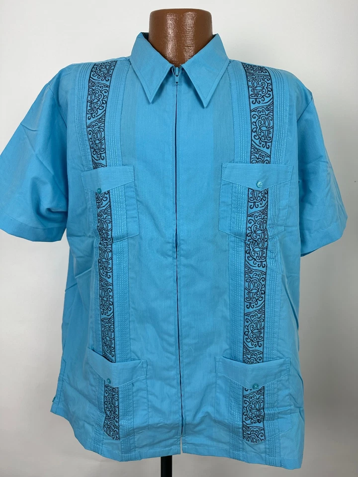 Guayabera Shirt Men L Blue Full-Zip Embroidered Paisley Cuban Wedding Haband NEW - Image 2 of 4