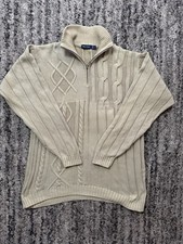 Vintage Nautica 1/4 Zip Knit Sweater Mens Large Beige Chunky Cable Knit Jumper