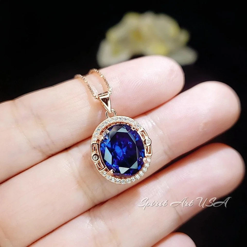 Collar oro rosa zafiro azul 4,5 quilates ovalado azul real piedras preciosas halo Foto 3 de 4