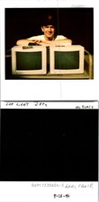 Man posing behind 2 Vintage Apple Computer Monitors 9/15/90 Found Photo V3098