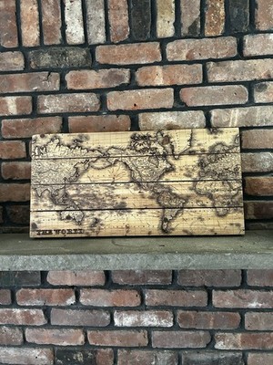 Rustic Wood World Map Wall Art - Marmont Hill Laser Engraved Pine Planks 24x12