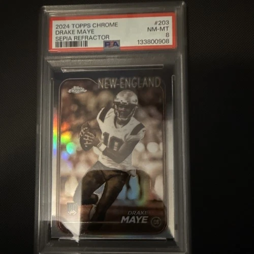 Topps 2024 Chrome Drake Maye #203 Sepia Refractor Rookie PSA 8 Patriots