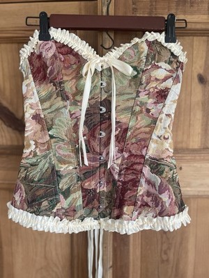 Floral Corset Womens Small Brocade Tapestry Lace Up Boned Satin Trim Pink Green