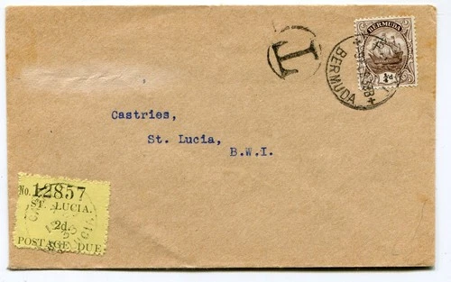 St Lucia envelope from Bermuda: postage due 2d SG D.2 added (cat. £50 x10) [178]