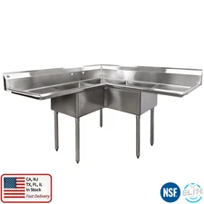 NSF 57" W Commercial 3 Compartment Corner Kitchen Service Sink, Stainless Steel