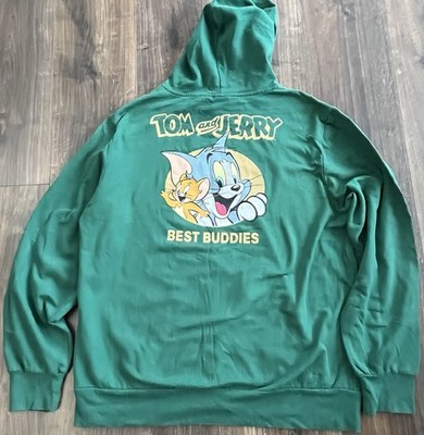 Tom and Jerry Hoodie Mens XL Dark Green Sweatshirt Best Buddies Vintage Cartoons
