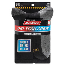 Dickies Men's Dri-Tech Crew Socks, 6-Pack Black Size 6-12