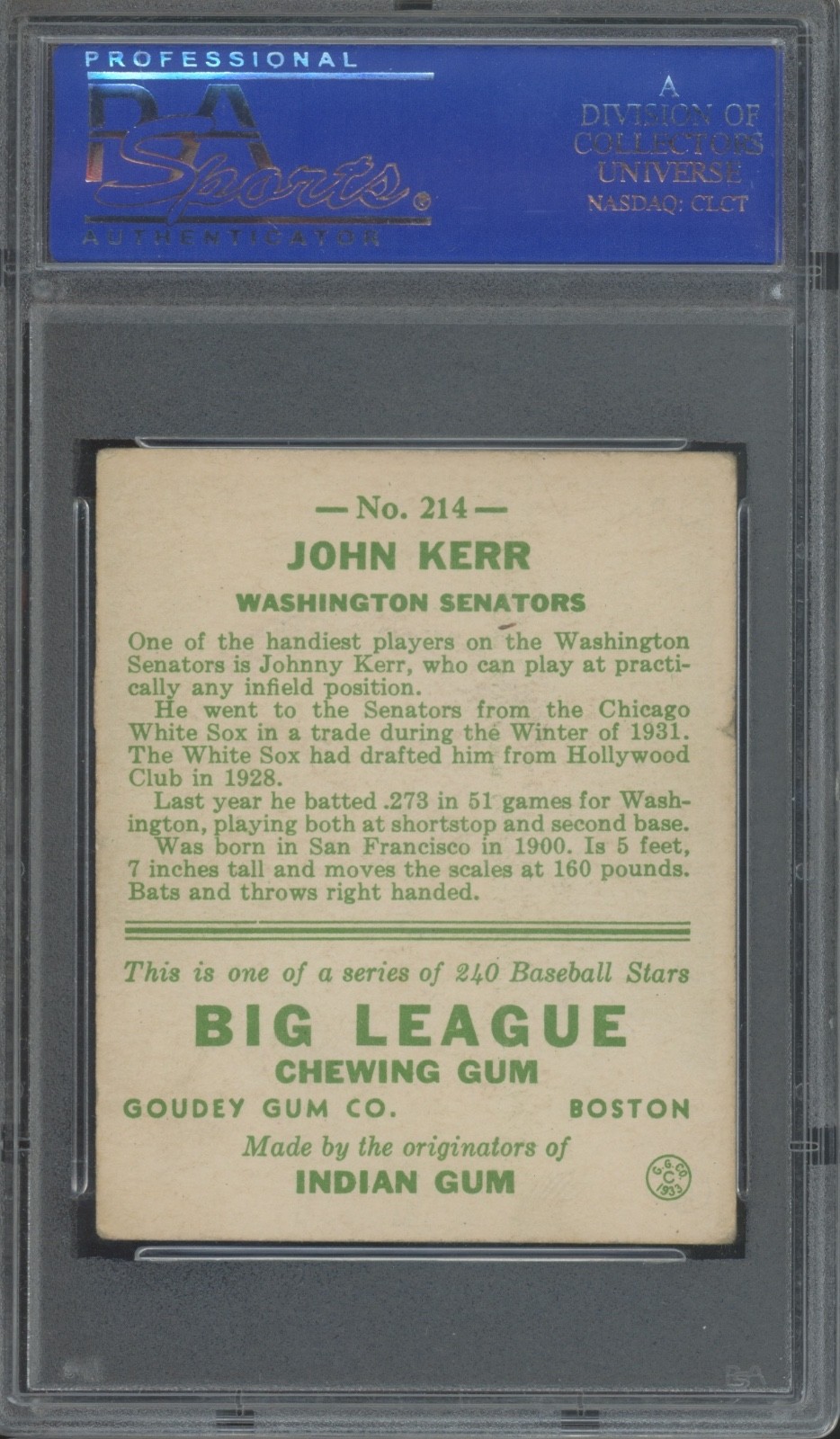 1933 Goudey #214 John Kerr VG EX PSA 4 view 2