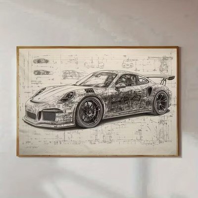 Leinwanddruck Porsche schwarzweiß Explosionszeichnung Canvas  Wandbild