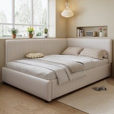 4ft6 Double Bed Frame with Headboard, Side Rails & Wooden Slats, Beige Corduroy