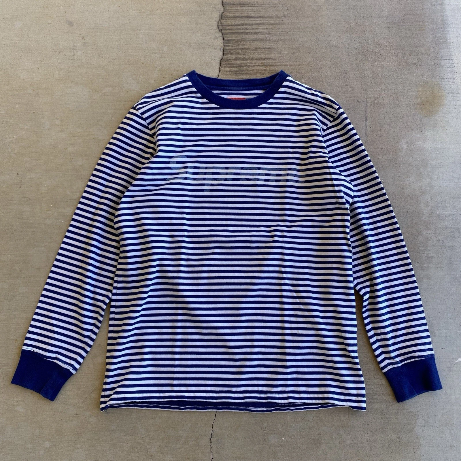 Supreme T Shirt logo rayé manches longues bleu marine 2015