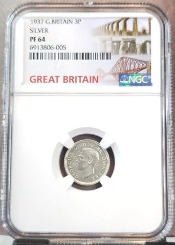 1937 GREAT BRITAIN SILVER 3 PENCE GEORGE VI NGC PF 64 SCARCE PROOF STRIKE