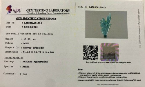 Certified Gtl Natural Blue Aquamarine 15.25 Ct Carved Leaf Gemstone Design - Picture 9 of 10