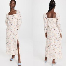 NWT Rixo Long Sleeve Square Neck Smocked Hattie Midi Dress Multi Spaced Tulip