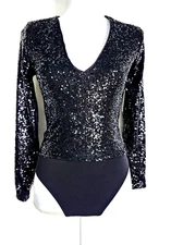 NWT Express Long Sleeve V Neck Sequin Bodysuit Women's Size S Black Color