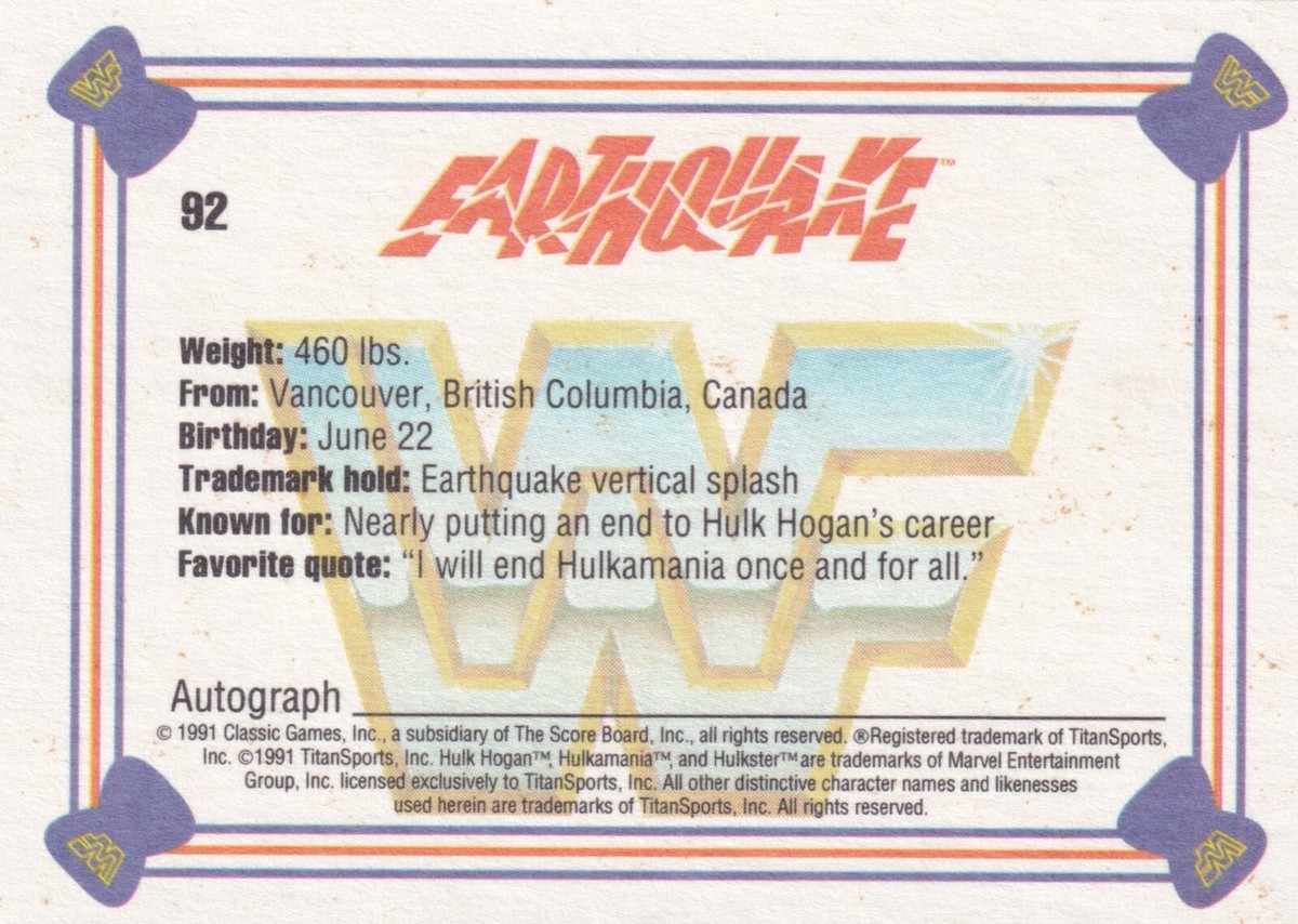 Earthquake 1991 Classic WWF Superstars Card #92 WWE All Japan Pro
