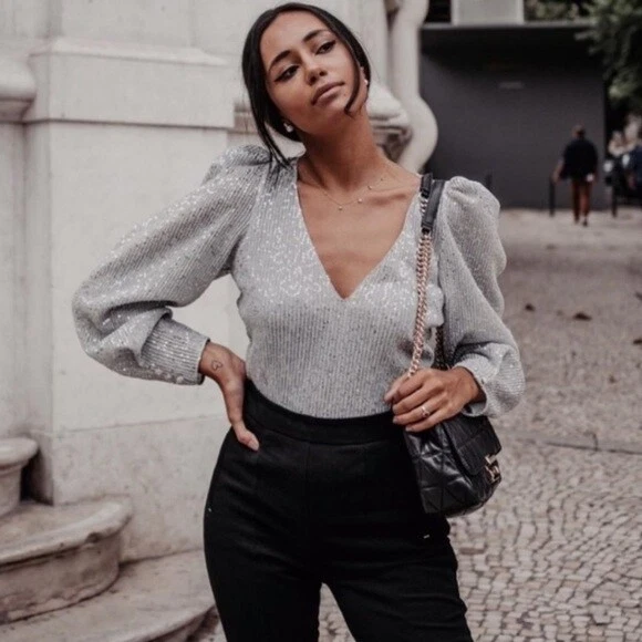 ZARA SILVER SEQUIN TOP PUFF SLEEVES BLOGGERS SMALL UK 8
