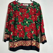 Collections ETC Women's Christmas Poinsettia Sequin Top Size M Cotton Blouse