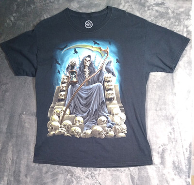 ODM Skull Reaper on Skull Throne Halloween Black T-Shirt Adult L Metal Gothic