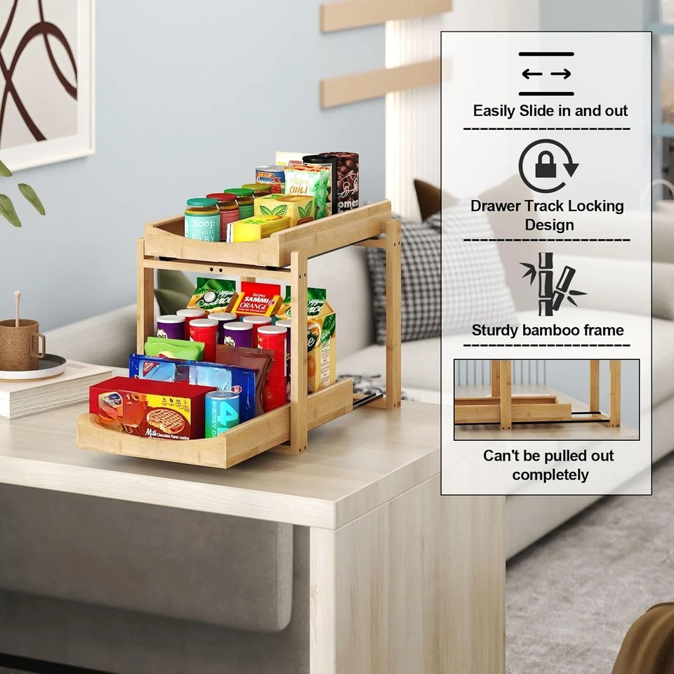 Organizador y almacenamiento debajo del fregadero de bambú, organización de gabinete extraíble, 2 niveles Foto 4 de 4