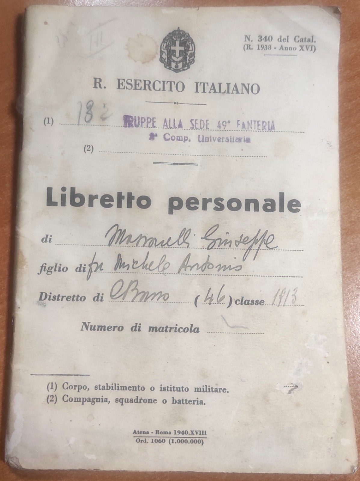 Libretto Personale, Regio Esercito, Mod. 1938, 49º Regg. Fanteria.