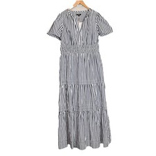 Quince Women's Organic Cotton Poplin Tiered Maxi Dress Size Medium Hudson Stripe
