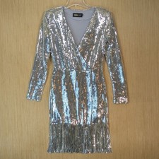 Nova Luxe Silver Sequin Fringe Mini Dress Womens Medium Disco Cocktail Party