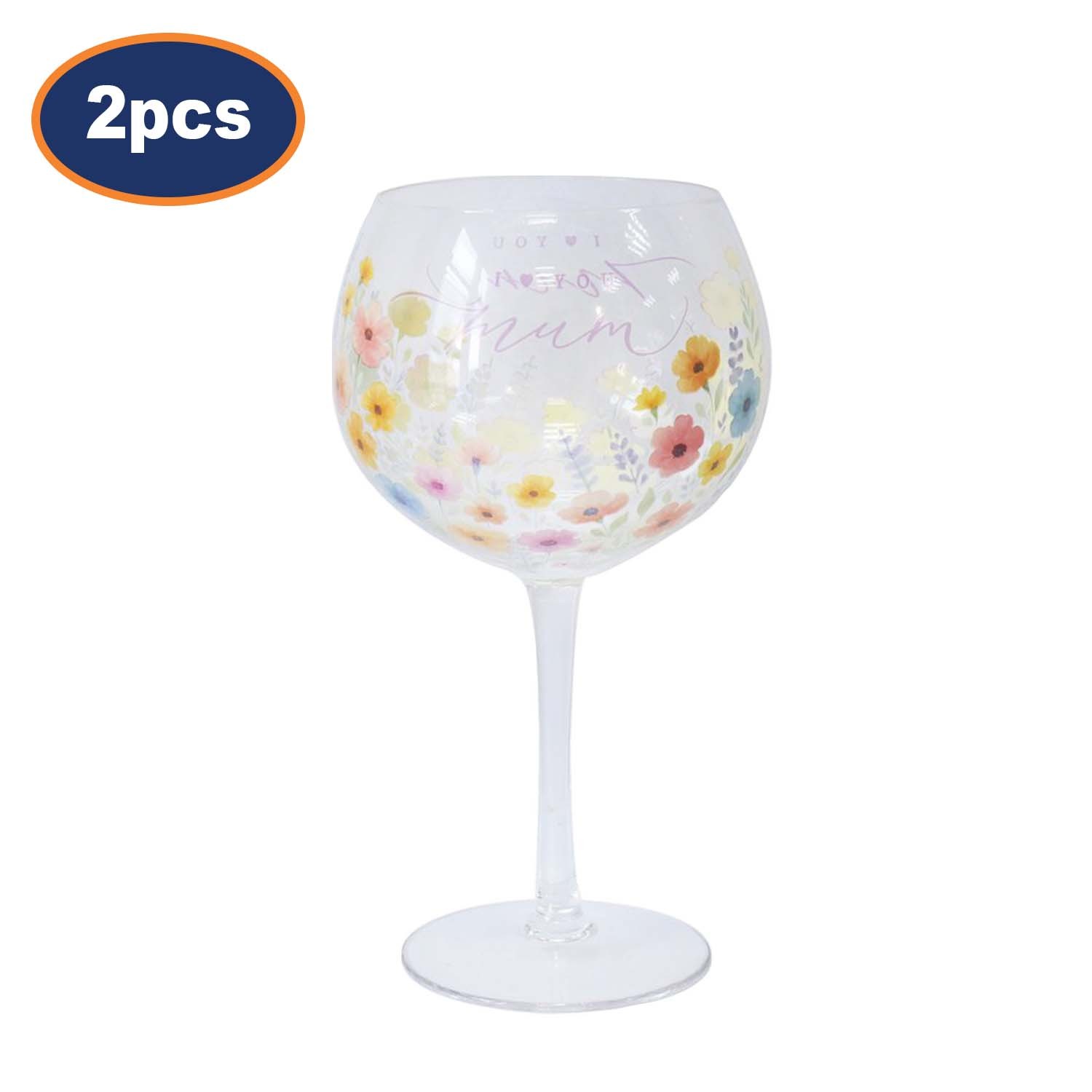 Floral Gin Glass Stem Balloon Glass “I Love You Mum” Cocktail Wine Drinks 2Pcs