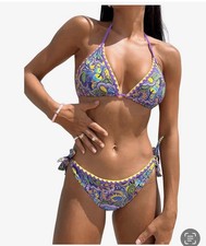 Boho Triangle Bikini Set   Halter  Tie-Side   Allover Print   S NWOT Beachw