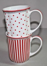 Grace Teaware Red Stripes & Dots Coffee Mug Cup Set of 2 Porcelain New