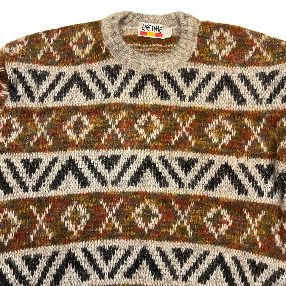 Vintage 80s Life Time Fair Isle Geometric Multi-Color Wool Mohair Sweater Size L - Image 3 of 4