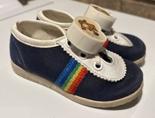 Vintage Blue Canvas Baby Sneakers w/ Stripes Rubber Soled Shoes USA Size 4