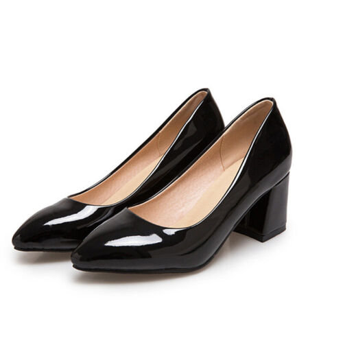 Work Office Lady Pumps Women Block Chunky Heels Pointed Toe Shoes Patent Leather - Picture 1 of 25
