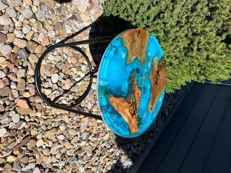 Clear Blue Epoxy Console Table Top - Round Wooden Corner Table Top - Home Decor - Image 2 of 4