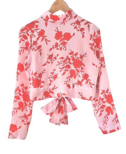 BNWT RIVER ISLAND Floral Cropped Top - Size 8 - Pink Red Open Tie Back Y2K 90s